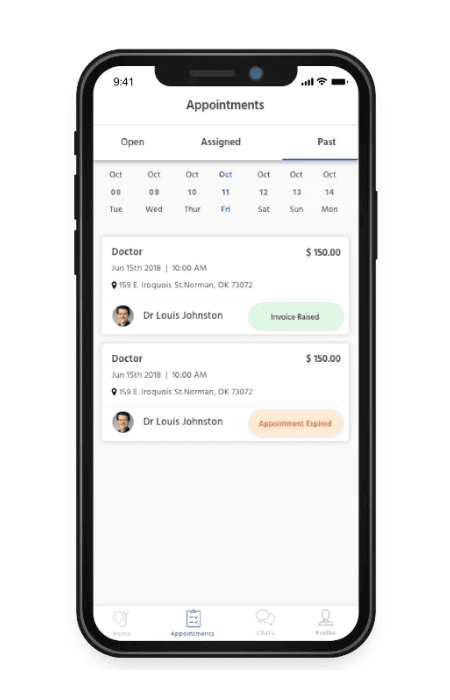Healthcare app history of visits